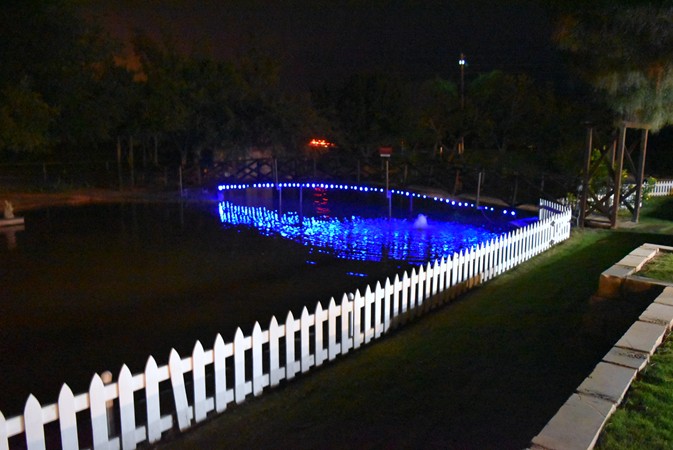 "Blue Lights Under Bridge Reflecting Off Water"